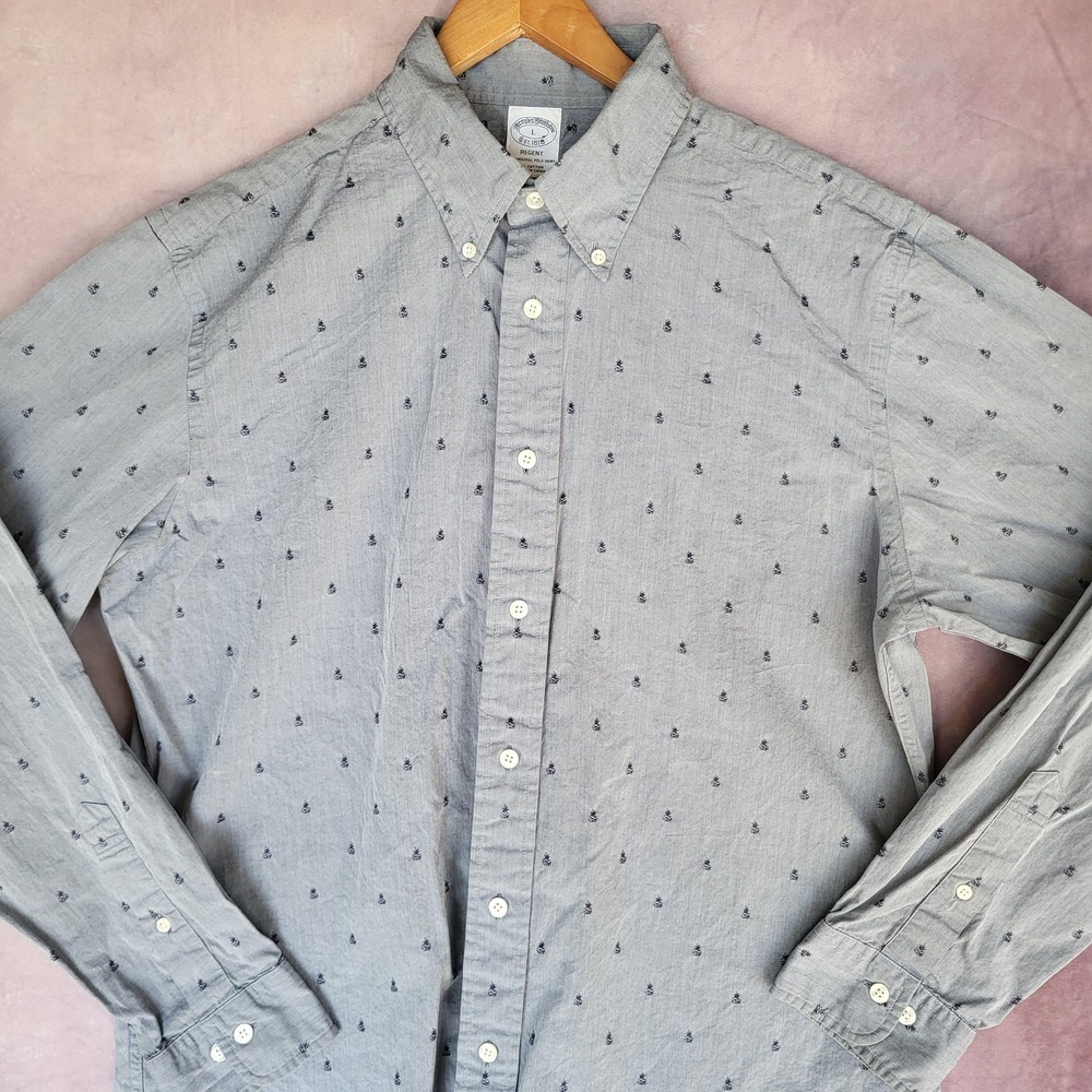 Brooks Brothers Regent Shirt Mens Size L Gray Pineapple Tropical Button Up